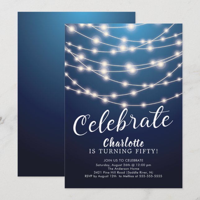 String Lights Blue Celebrate Birthday Invitation (Front/Back)