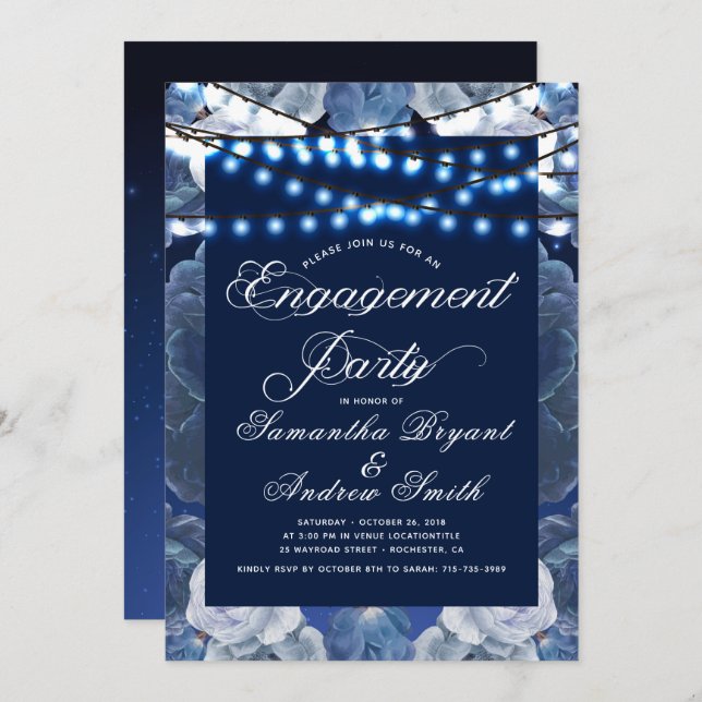String lights Blue Elegant Engagement Invitation (Front/Back)