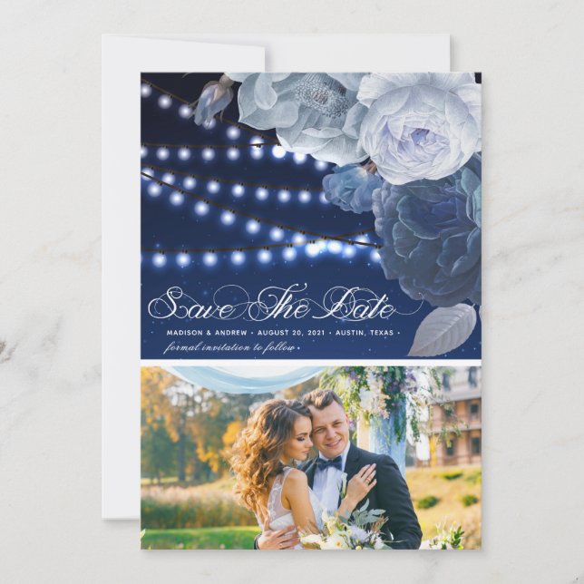 String lights Blue Elegant Wedding Photo Save The Date (Front)