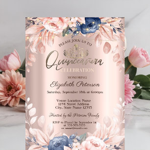 String Lights Blue Flowers Rose Gold Quinceañera Invitation