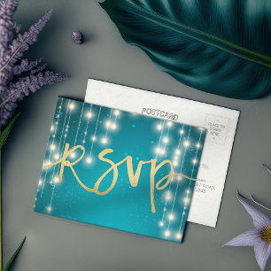 String Lights Blue Gold Script Wedding RSVP Reply Invitation Postcard