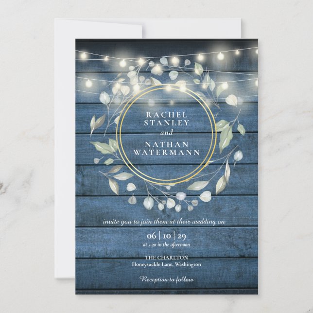 String Lights Blue Rustic Wood Greenery Wedding In Invitation (Front)