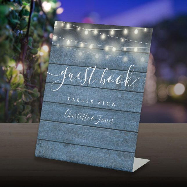 String Lights Blue Rustic Wood Script Guest Book Pedestal Sign (String Lights Blue Rustic Wood Script Guest Book Pedestal Sign)