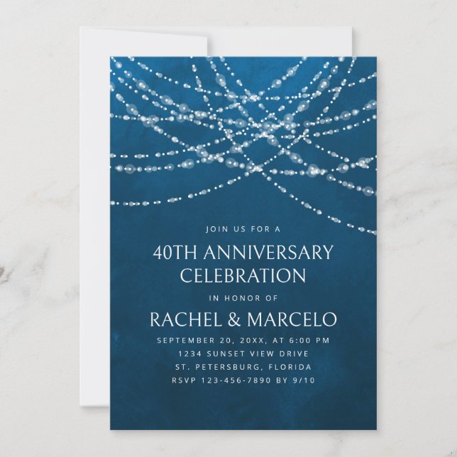 String Lights Blue Wedding Anniversary Invitation (Front)