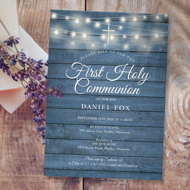 String Lights Blue Wood First Holy Communion Invitation (Creator Uploaded)