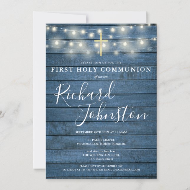 String Lights Blue Wood First Holy Communion Invitation (Front)