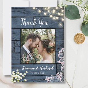 String Lights Blue Wood & Lace Wedding Thank You Card