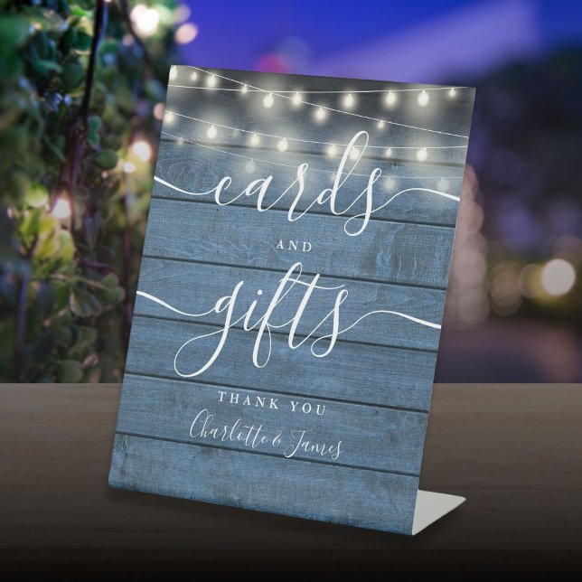 String Lights Blue Wood Script Cards And Gifts Pedestal Sign (String Lights Blue Wood Script Cards And Gifts Pedestal Sign)