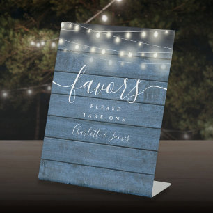 String Lights Blue Wood Wedding Favours Table Pedestal Sign