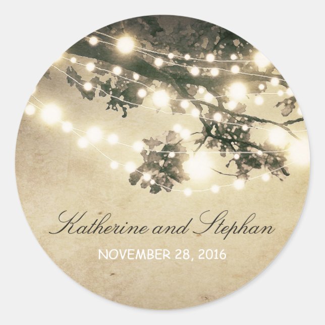 String Lights Branches Rustic Wedding Classic Round Sticker (Front)