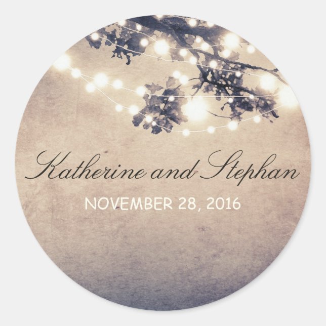 String Lights Branches Rustic Wedding Classic Round Sticker (Front)