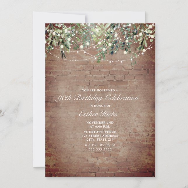 String Lights Brick Botanical 90th Birthday Party Invitation (Front)
