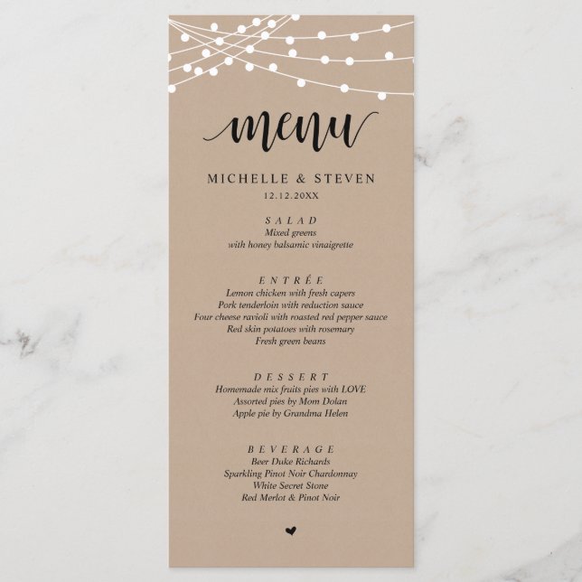 String Lights Brown Kraft Wedding Elopement Dinner Menu (Front)