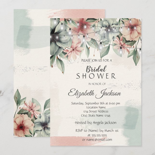 String Lights,Brush Stroke,Floral Bridal Shower Invitation (Front/Back)
