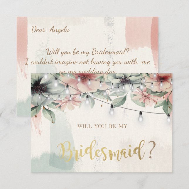 String Lights,Brush Stroke,Floral Bridesmaid Card (Front/Back)