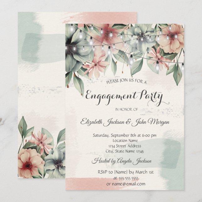 String Lights,Brush Stroke,Floral Engagement Invitation (Front/Back)