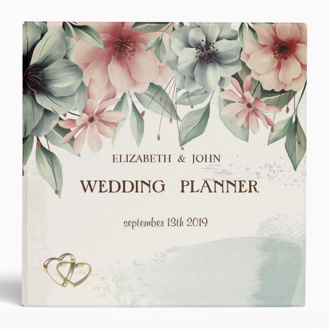 String Lights,Brush Stroke,Hearts Floral Wedding Binder (Front)
