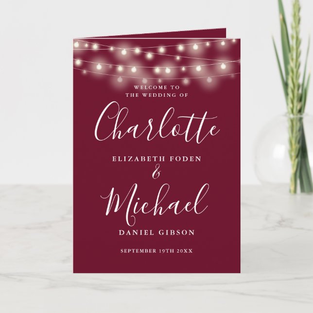 String Lights Burgundy Elegant Script Wedding Program (Front)