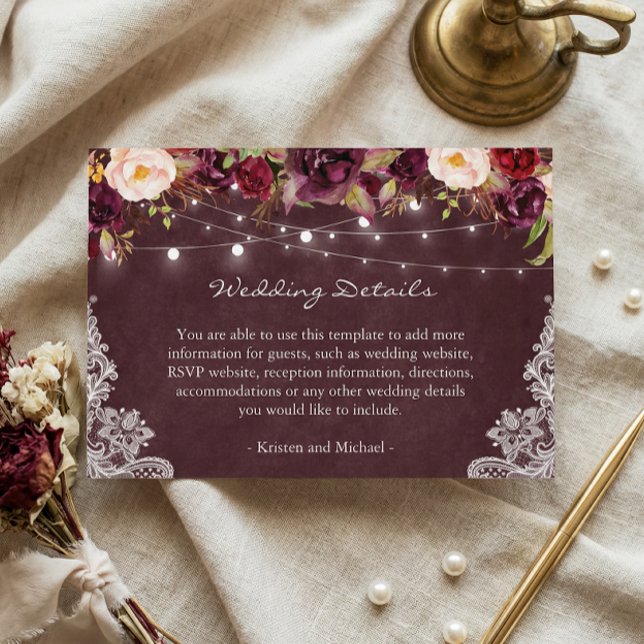 String Lights Burgundy Floral Lace Wedding Details Enclosure Card (Creator Uploaded)