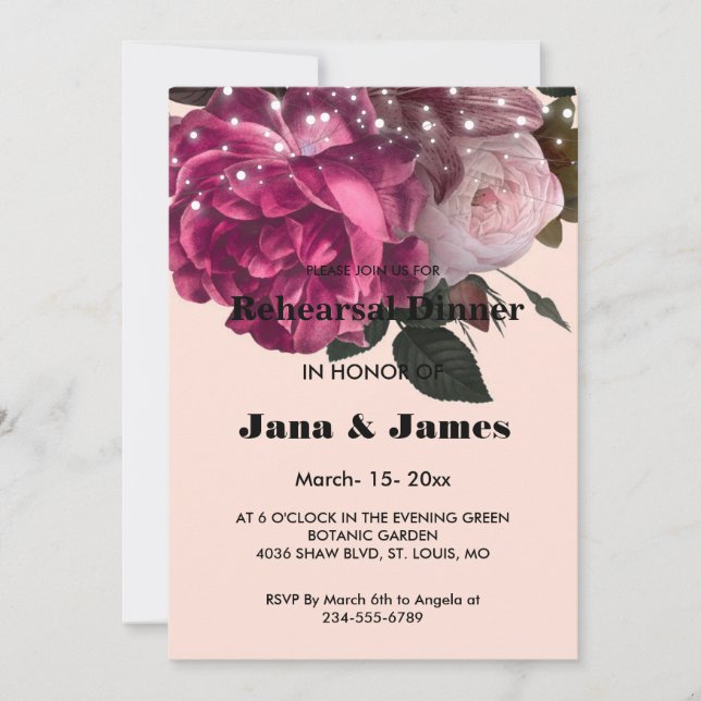 String Lights Burgundy Flowers  Rehearsal Dinner   Invitation (Front)