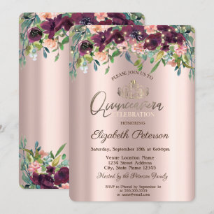 String Lights Burgundy Flowers Roses Quinceañera Invitation