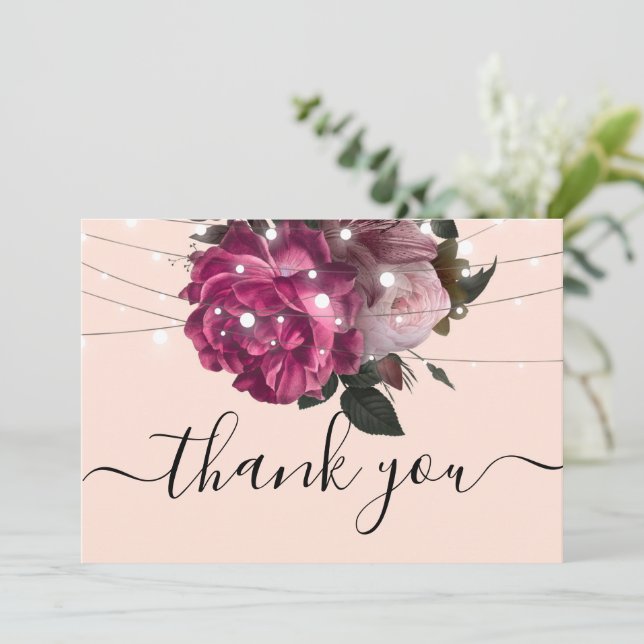 String Lights Burgundy Flowers   thank you    Invitation (Standing Front)