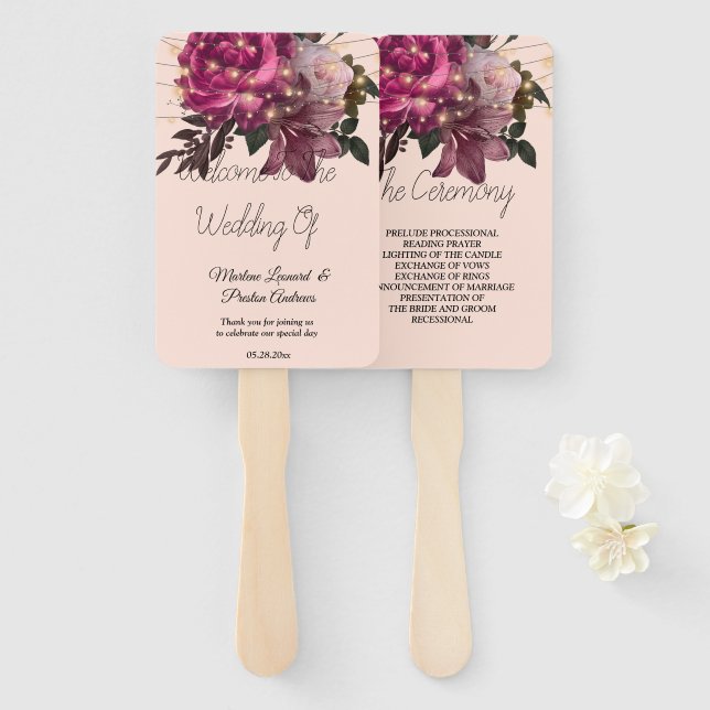 String Lights Burgundy Flowers Wedding  Hand Fan (Front and Back)