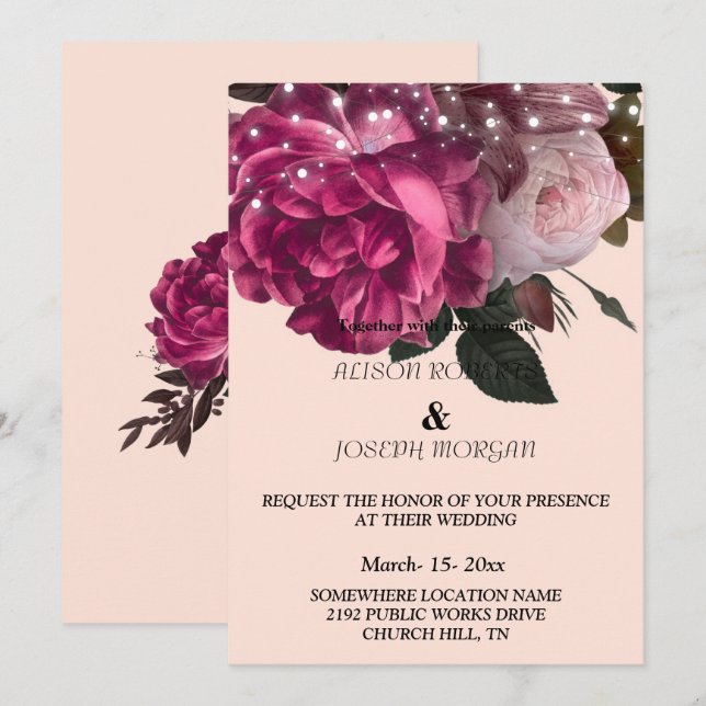 String Lights Burgundy Flowers  Wedding Invitation (Front/Back)