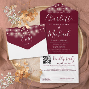 String Lights Burgundy Script QR Code Wedding All In One Invitation