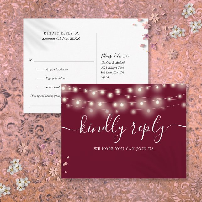 String Lights Burgundy Song Request RSVP Invitation Postcard (String Lights Burgundy Song Request RSVP Invitation Postcard)