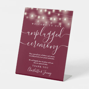 String Lights Burgundy Unplugged Ceremony Pedestal Sign