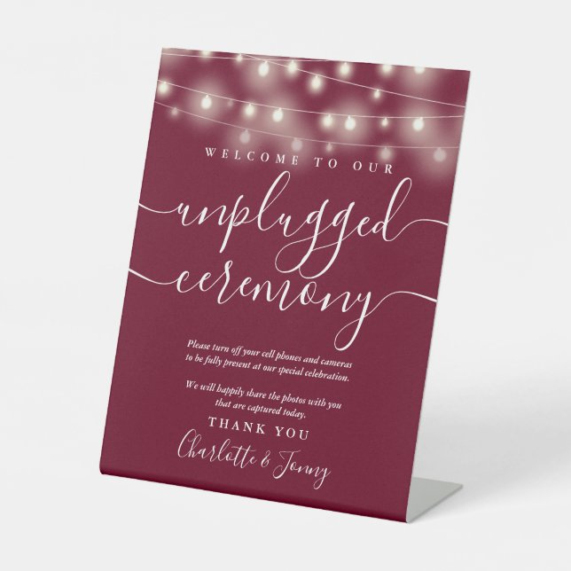 String Lights Burgundy Unplugged Ceremony Pedestal Sign (Front)