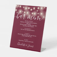 String Lights Burgundy Wedding Bar Menu