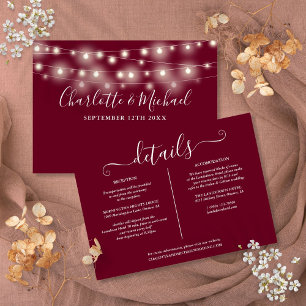 String Lights Burgundy Wedding Details Info Card