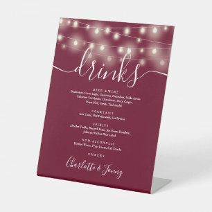 String Lights Burgundy Wedding Drinks Menu Pedestal Sign