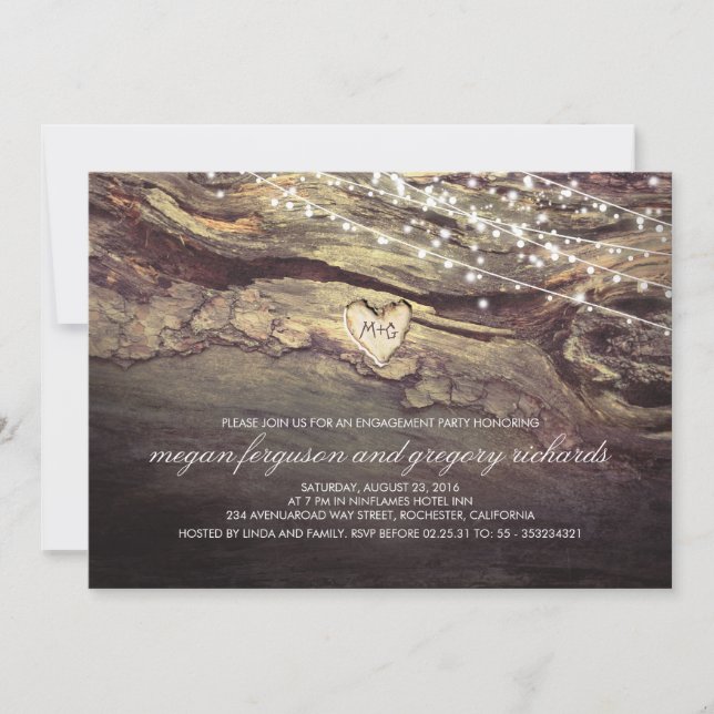 String Lights Carved Heart Rustic Engagement Party Invitation (Front)
