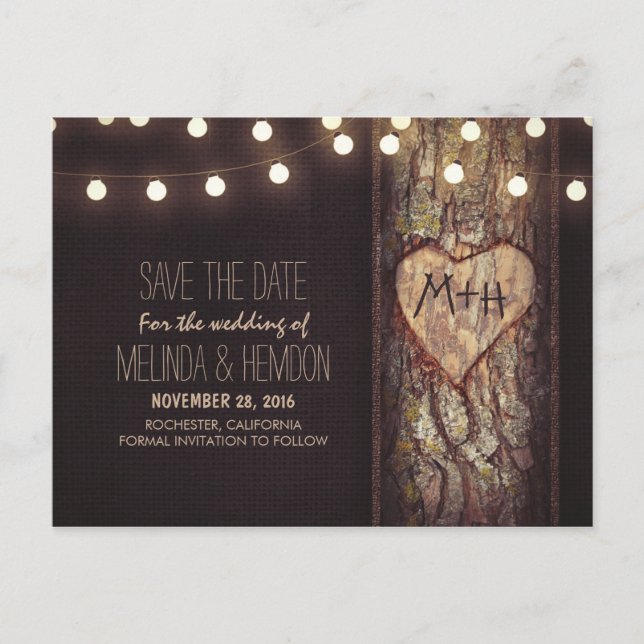 String lights carved heart rustic save the date announcement postcard (Front)