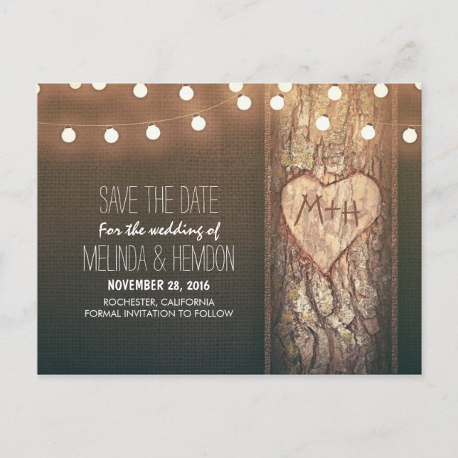 String lights carved heart rustic save the date announcement postcard (Front)