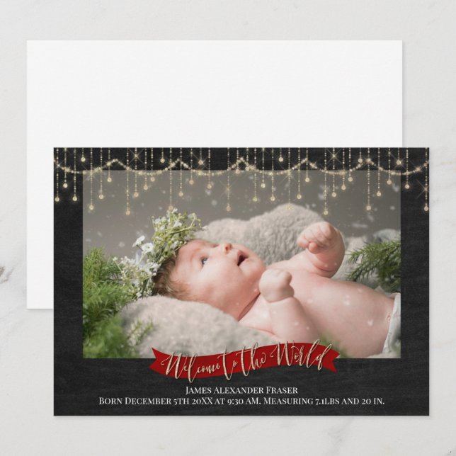 String Lights Chalkboard Photo Birth Announcement (Front/Back)