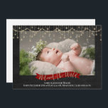 String Lights Chalkboard Photo Birth Announcement<br><div class="desc">String Lights Chalkboard Photo Birth Announcement Cute winter newborn baby picture birth announcement card to introduce your little one to friends and family. Featuring a golden glitter string lights border illustration with a Welcome to the World banner in festive red. Personalize the card with the weight, height, and date of...</div>