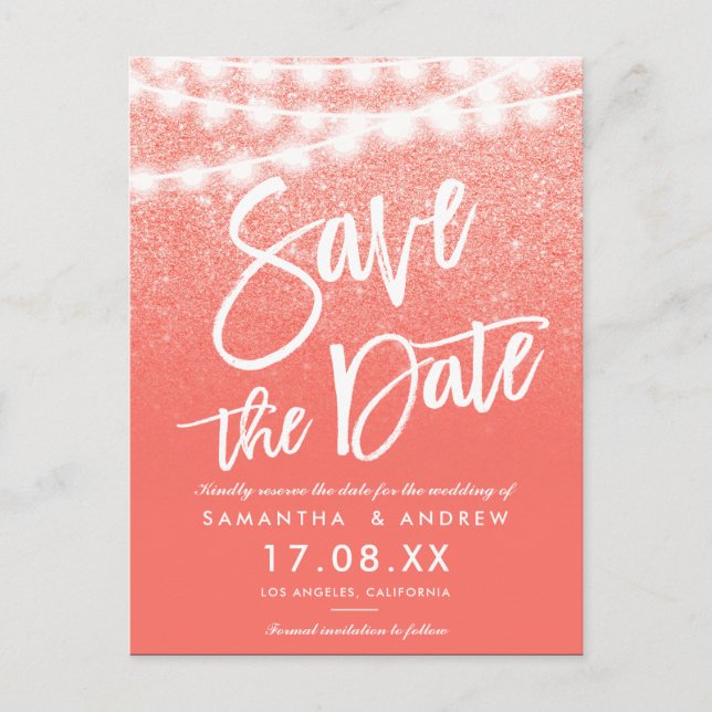String lights coral glitter bright save the date announcement postcard (Front)
