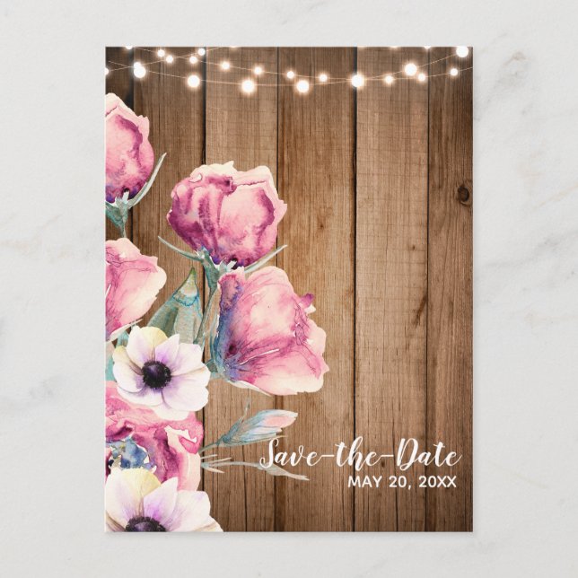 String Lights & Country Flowers Barn Save the Date Announcement Postcard (Front)