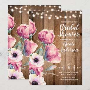 String Lights & Country Flowers Rustic Barn Wood Invitation