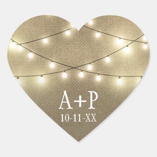 String Lights Country Rustic Burlap Wedding Favour Heart Sticker (Front)