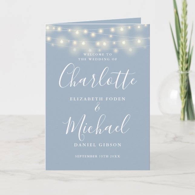String Lights Dusty Blue Elegant Script Wedding Program (Front)