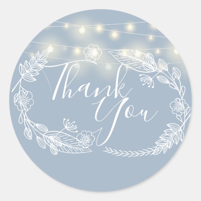String Lights Dusty Blue Floral Thank You Classic Round Sticker (Front)