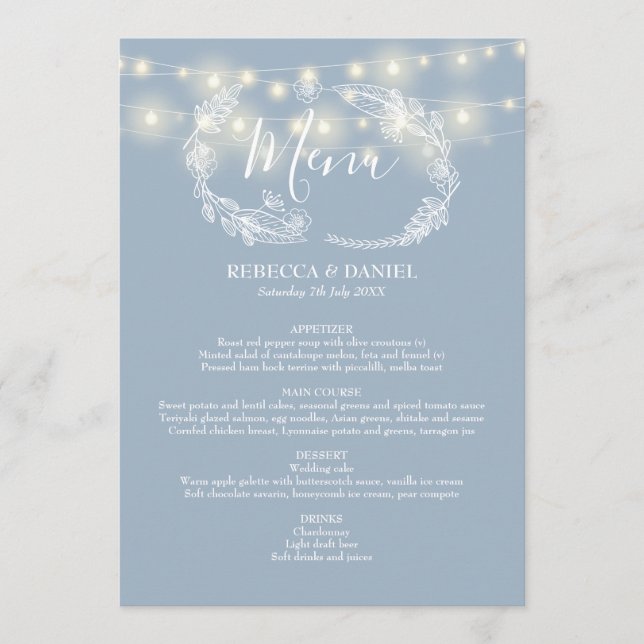 String Lights Dusty Blue Floral Wedding Menu (Front)