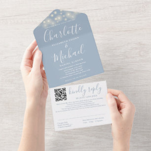 String Lights Dusty Blue Script QR Code Wedding All In One Invitation