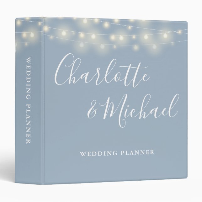 String Lights Dusty Blue Script Wedding Planner Binder (Front/Spine)