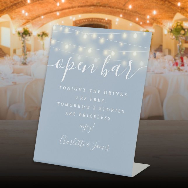String Lights Dusty Blue Signature Script Open Bar Pedestal Sign (String Lights Dusty Blue Signature Script Open Bar Pedestal Sign)